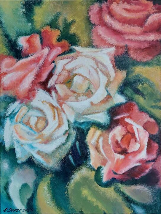 Картина под названием "Red and white roses" - Елена Серго, Подлинное произведение искусства, Масло