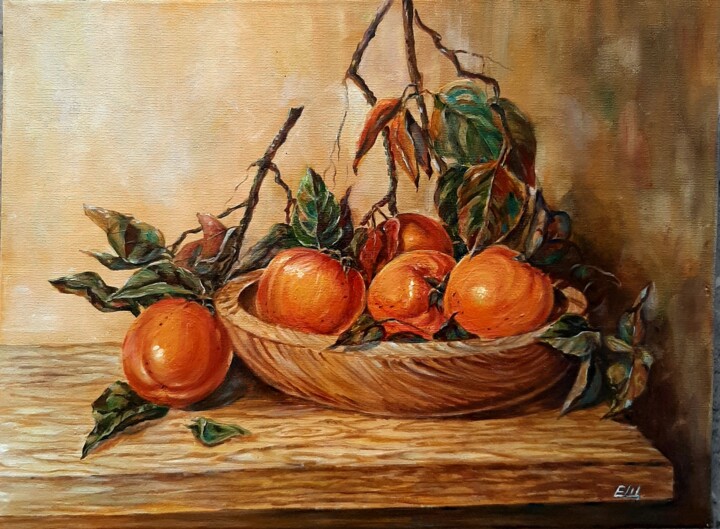 Painting titled "the persimmon is ri…" by Elena Shchenina, Original Artwork, Oil