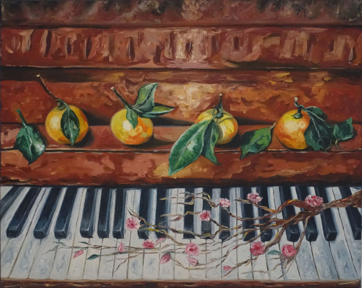 Painting titled "Mandarines." by Elena Voinova, Original Artwork, Oil