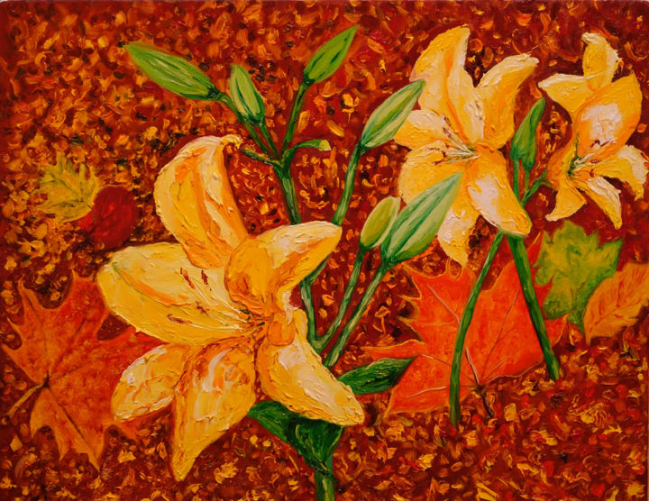 Painting titled "Yellow flowers" by Elena Voinova, Original Artwork, Oil