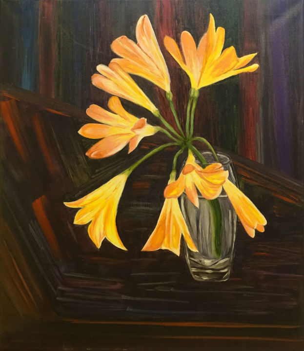 Painting titled "Home lily in a glas…" by Elena Voinova, Original Artwork, Oil