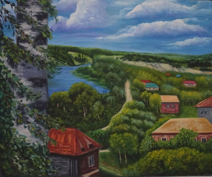 Peinture intitulée "Retro-landscape." par Elena Voinova, Œuvre d'art originale, Huile
