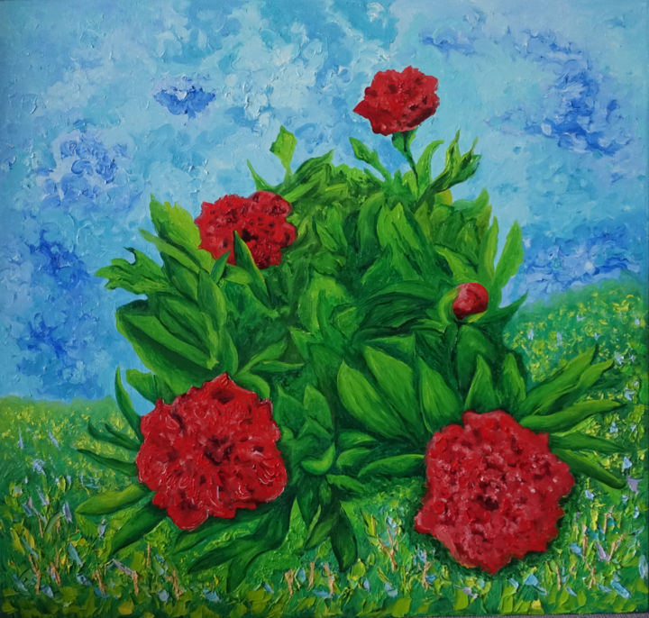 Malerei mit dem Titel "Bush peonies" von Elena Voinova, Original-Kunstwerk, Öl
