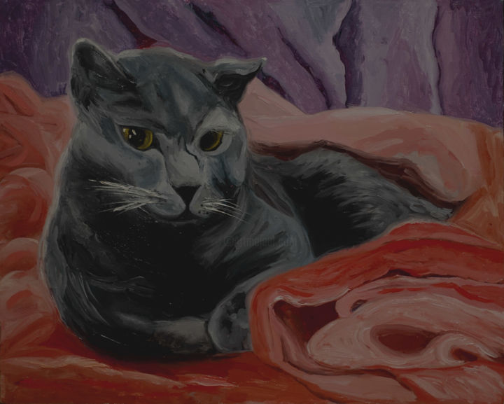 Painting titled "Lazy cat" by Elena Voinova, Original Artwork, Oil