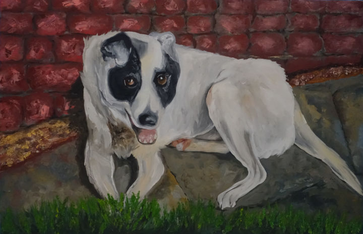 Painting titled "Street dog" by Elena Voinova, Original Artwork, Oil