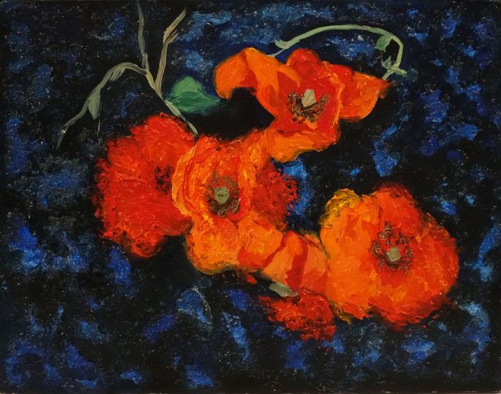 Painting titled "Poppies at night" by Elena Voinova, Original Artwork, Oil