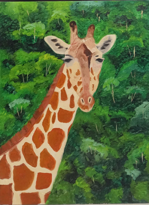 Painting titled "Giraffe" by Elena Voinova, Original Artwork, Oil