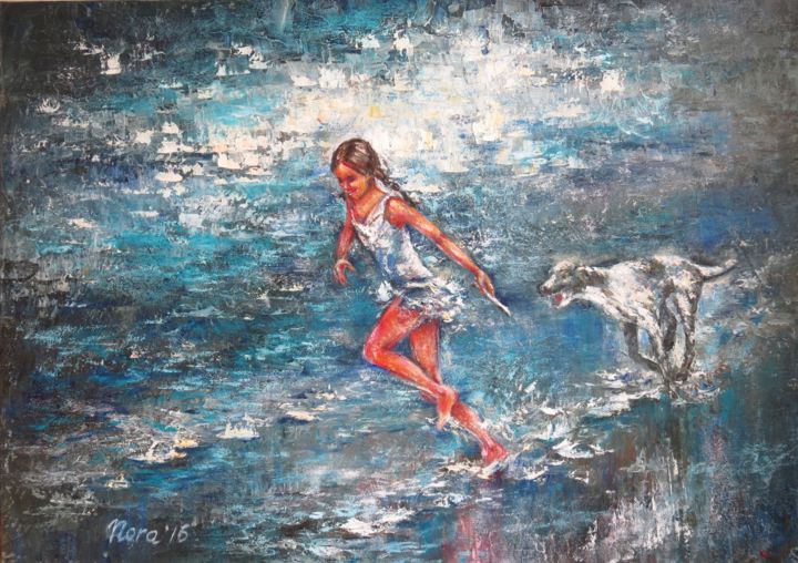 Картина под названием "Girl and Dog origin…" - Eleonora Taranova, Подлинное произведение искусства, Масло Установлен на Дере…