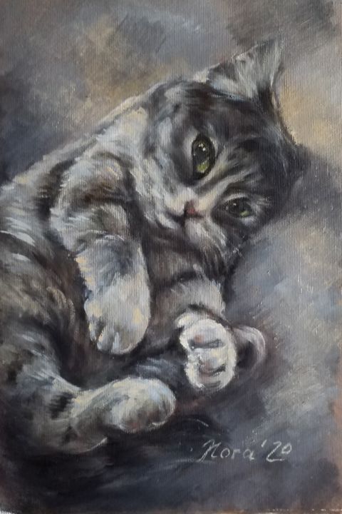 Painting titled "Grey kitten portrai…" by Eleonora Taranova, Original Artwork, Oil