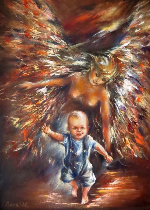 Pittura intitolato "The Guardian Angel…" da Eleonora Taranova, Opera d'arte originale, Olio Montato su Telaio per barella in…