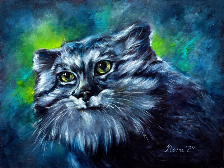 Painting titled "Manul Pallas's Cat" by Eleonora Taranova, Original Artwork, Oil Mounted on Wood Stretcher frame