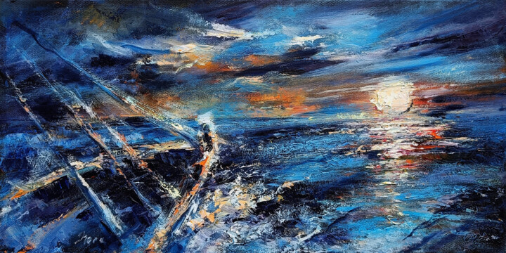 绘画 标题为“Sunset. Boat” 由Eleonora Taranova, 原创艺术品, 油 安装在木质担架架上