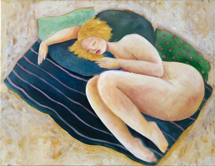 Painting titled "Dormeuse d'or" by Eléonore Lepièce-Gabet, Original Artwork, Oil