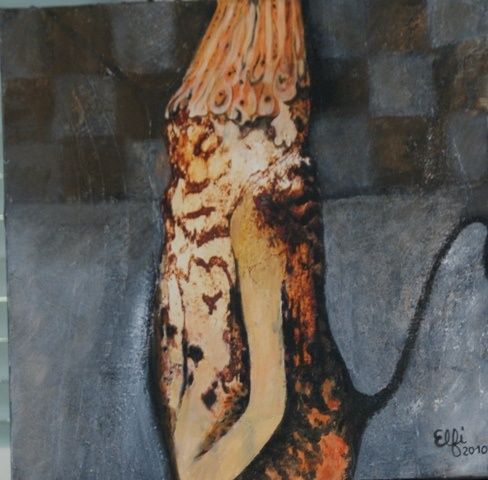 Peinture intitulée "Le lion des écorces" par Elfi, Œuvre d'art originale, Huile