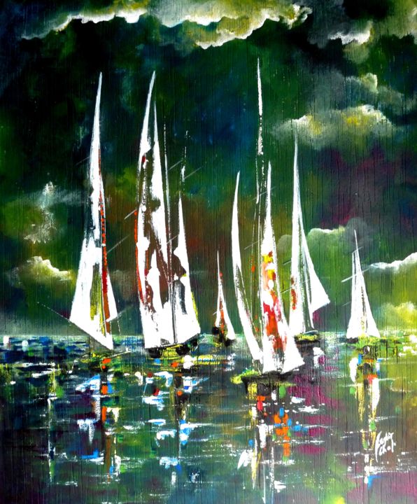 Pintura intitulada "les bateaux." por Chafika Feghir, Obras de arte originais, Acrílico