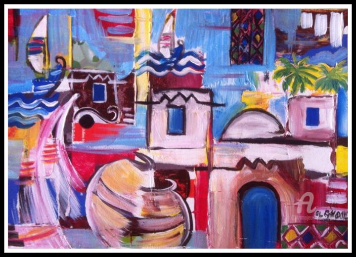 Malarstwo zatytułowany „Fantasie Djerbienne…” autorstwa Lotfi El Ghoul, Oryginalna praca, Akryl