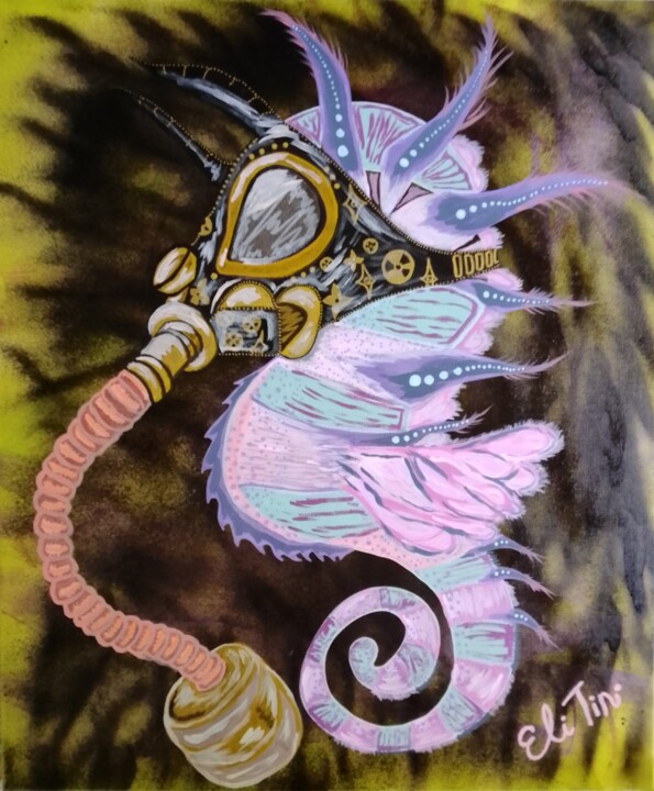 Painting titled "Seahorse in a Gas M…" by Eli Tin Art, Original Artwork, Acrylic