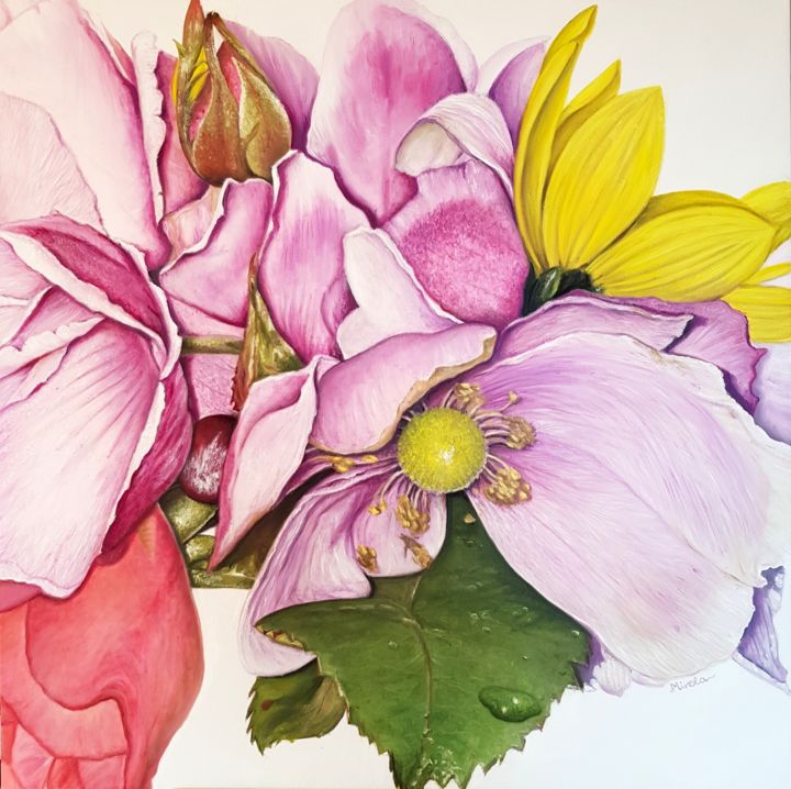 Malarstwo zatytułowany „Flowers” autorstwa Mirela, Oryginalna praca, Olej Zamontowany na Drewniana rama noszy