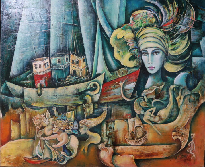 Painting titled "Le Bateau Onirique" by Eliane Betton, Original Artwork, Oil