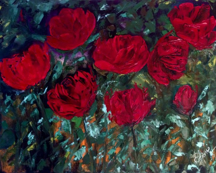 Painting titled "Red Roses in the Ni…" by Eliane Ellie, Original Artwork, Oil