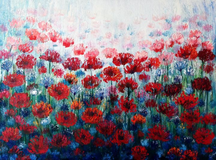 Painting titled "Poppies and Cornflo…" by Eliane Ellie, Original Artwork, Oil