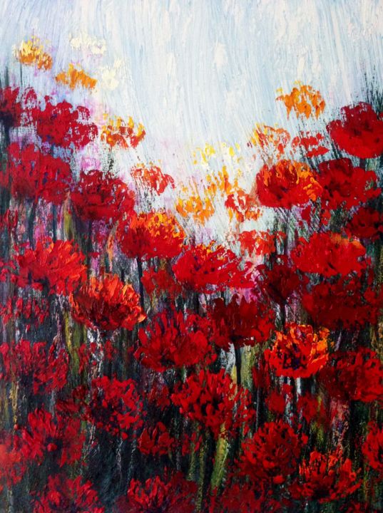 绘画 标题为“Red Flowers Field” 由Eliane Ellie, 原创艺术品, 油