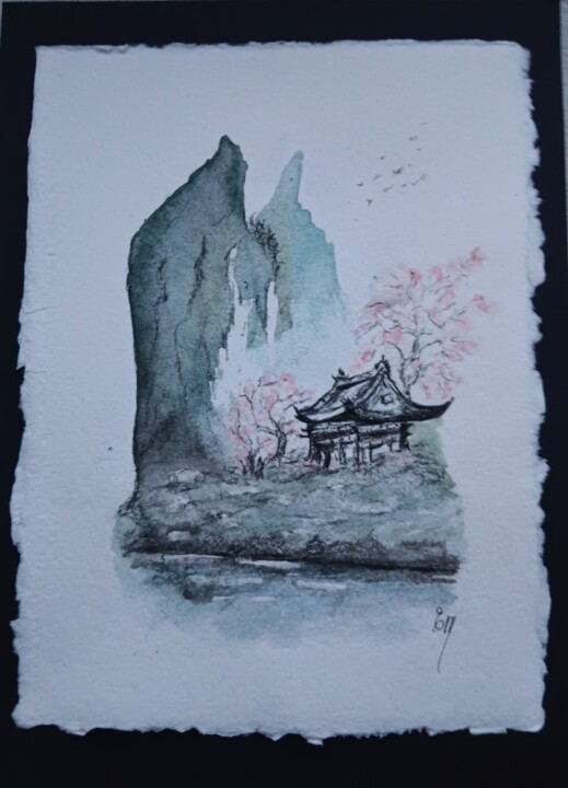 Painting titled "La pagode  Aquarell…" by Eliane Morvan (CREADELI  "les petits bonheurs d'Eli"), Original Artwork, Watercolo…