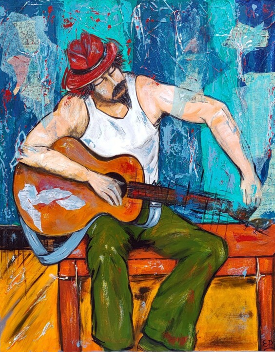 Malerei mit dem Titel "Le guitariste de Tr…" von Eliane Perrier, Original-Kunstwerk, Acryl Auf Keilrahmen aus Holz montiert