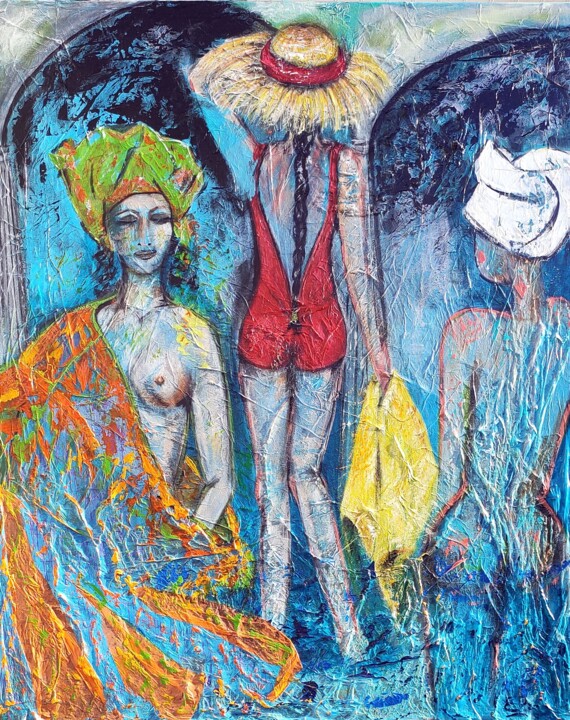 Painting titled "Le maillot de bain…" by Eliane Perrier, Original Artwork, Acrylic Mounted on Wood Stretcher frame