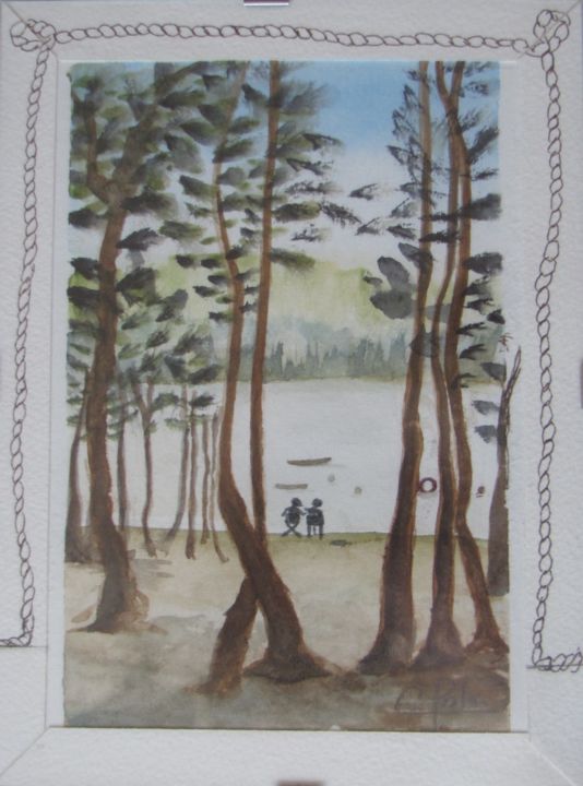 「Au bord du lac」というタイトルの絵画 Eliane Robinによって, オリジナルのアートワーク, 水彩画 ガラスにマウント