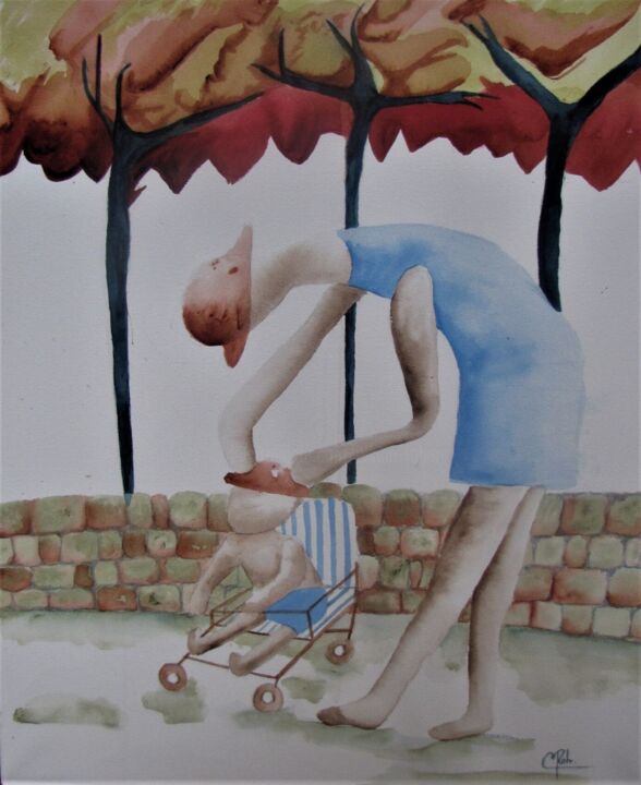 Malarstwo zatytułowany „Maternité” autorstwa Eliane Robin, Oryginalna praca, Akwarela Zamontowany na Drewniana rama noszy