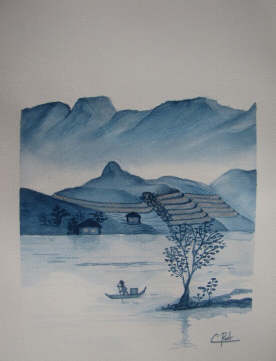 Painting titled "Paysage bleu" by Eliane Robin, Original Artwork, Watercolor Mounted on Glass