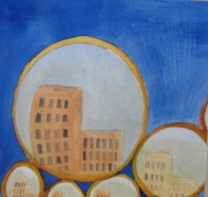 Painting titled "La cité dans les go…" by Eliane Robin, Original Artwork, Watercolor