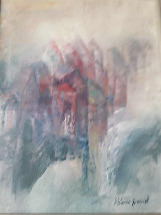 Painting titled "La ville de la féli…" by Eliane Ypersiel, Original Artwork, Oil Mounted on Wood Stretcher frame