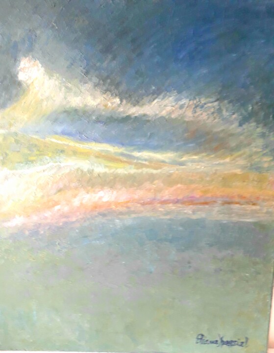 Painting titled "Ciel partagé" by Eliane Ypersiel, Original Artwork, Oil Mounted on Wood Stretcher frame