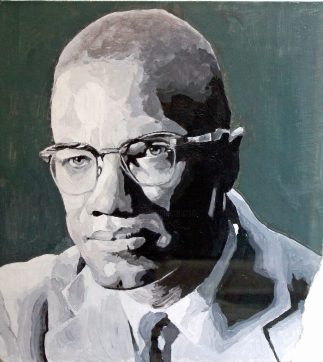 Painting titled "Malcolm X" by Fausto Campani, Original Artwork, Acrylic Mounted on Cardboard