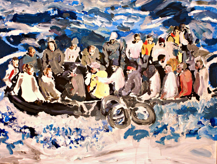 Painting titled "Boat people" by Fausto Campani, Original Artwork, Acrylic Mounted on Wood Panel