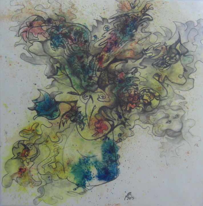 Peinture intitulée "Oiseau bol" par Eliette Gensac, Œuvre d'art originale, Aquarelle Monté sur Autre panneau rigide