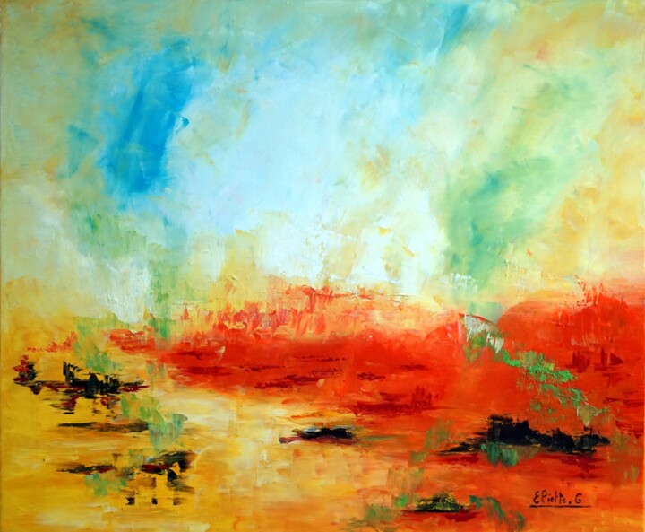 Painting titled "pays-magique-II" by Eliette Gaurin, Original Artwork, Oil Mounted on Wood Stretcher frame