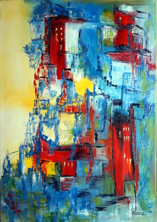 Painting titled "quartier-paisible-II" by Eliette Gaurin, Original Artwork, Oil Mounted on Wood Stretcher frame