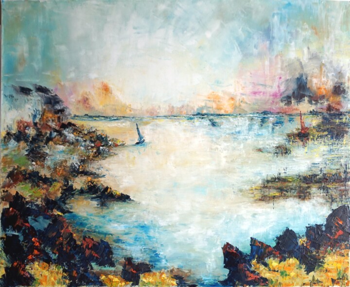 Painting titled "Regarder le temps" by Eliette Gaurin, Original Artwork, Oil Mounted on Wood Stretcher frame
