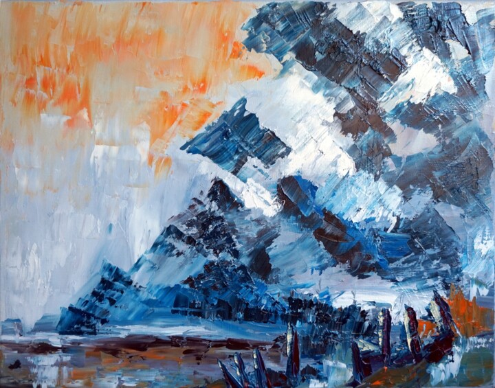 Painting titled "Majestueuse montagne" by Eliette Gaurin, Original Artwork, Oil Mounted on Wood Stretcher frame