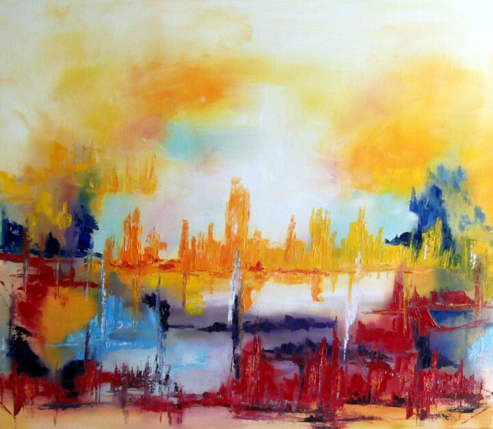 Painting titled "Une ville et ses mi…" by Eliette Gaurin, Original Artwork, Oil