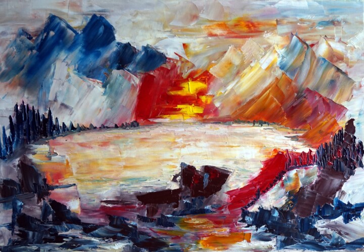 Painting titled "lac-de-montagne-hst…" by Eliette Gaurin, Original Artwork, Oil