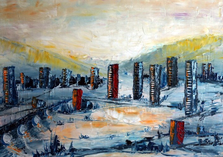 Painting titled "in-the-valley" by Eliette Gaurin, Original Artwork, Oil Mounted on Wood Stretcher frame