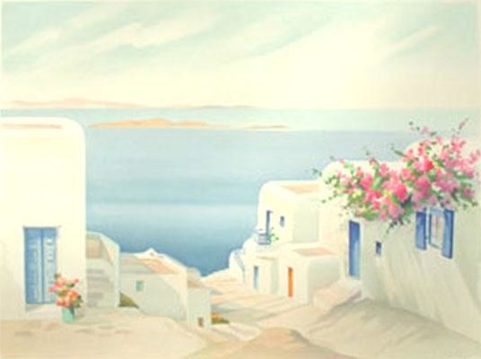 Peinture intitulée "Vue sur la mer Egée" par Janick Lederle, Œuvre d'art originale