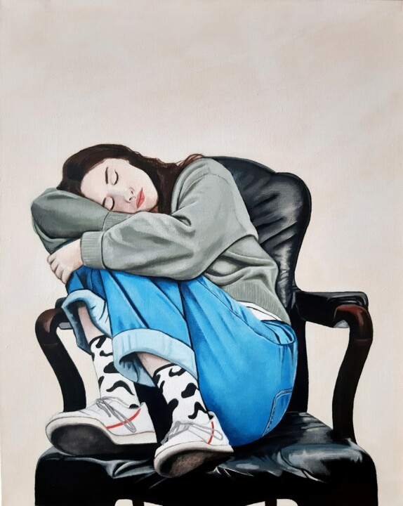 Painting titled "Just Sleep" by Elif Yaman, Original Artwork, Acrylic Mounted on Wood Stretcher frame