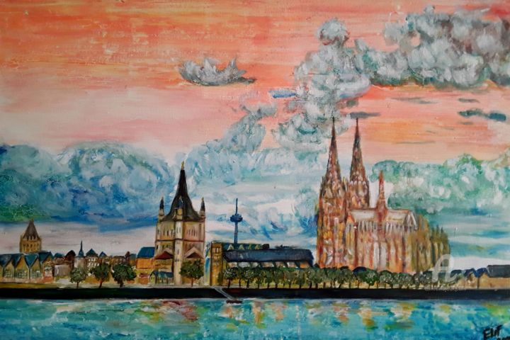 Painting titled "Cologne city" by Elif Art, Original Artwork, Oil
