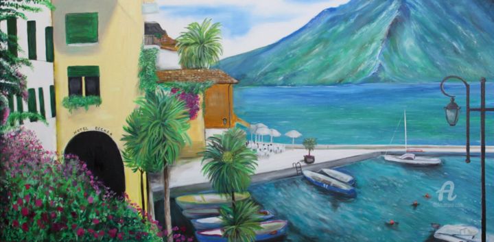 Painting titled "Garda Lake in Italy" by Elif Art, Original Artwork, Oil