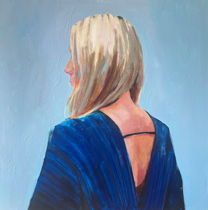 Painting titled "blue dress" by Elina Evstig, Original Artwork, Oil